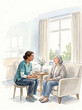 © YB14 - Soft watercolor illustration of a nurse conversing with an elderly woman at home, representing compassionate home-based patient care and safety monitoring.