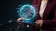 © dom studio - ai driven global logistics management and digital supply chain intelligence. businesswoman using tablet with holographic globe, real time delivery routes and international shipping network