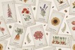© dnaim - Vintage botanical seed packets featuring of lavender, poppies, sunflowers, carrots, and peonies arranged on a light paper background