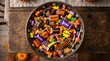 © Hryhor Denys - Ceramic bowl filled with assorted sugary treats for celebration. Rustic wooden table setting with festive autumn decorations.