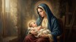 © FryArt - Woman holding a newborn baby in a rustic stable interior