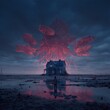 © Tanakrit - A lone figure stands before a dark house under a glowing, massive, jellyfish-like creature floating ominously in a stormy, reflective landscape.