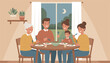 © Mahin - Happy multi-generational family enjoys a healthy dinner together around a wooden table in their cozy home at night.
