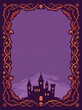 © GREEN - Spooky haunted castle silhouette at bottom on purple textured backdrop with decorative thorny branch skull border frame halloween silhouette