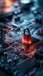 © Mr. Orsetto - Illustration of a glowing padlock symbolizing digital security on a futuristic circuit board with intricate electronic components and vibrant lighting effects