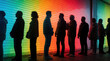 © Pete - Silhouettes of people stand in long queue against colorful shuttered storefront. Diverse crowd waits in line for social support unemployment benefits. Vibrant rainbow light hits metal garage door