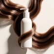 © Raisa - White bottle with pump dispenser for hair product and flowing shiny brown hair. Minimalist clean design for beauty ads. Smooth healthy hair strands.