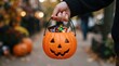 © SimpleDesignStudio - Child holding an orange jack-o-lantern candy bucket filled with sweets for trick or treating on Halloween