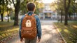 © Zaldy - Glowing security padlock graphic on student backpack representing child online safety and educational data privacy protection