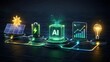 © emwe studio - Glowing artificial intelligence cube analyzing renewable energy data with solar panels battery storage and financial growth charts