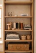 © Olga - Clothing repair materials organized on wooden shelves in a cozy room