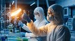 © ElinaZahrah - Professional scientists in hazmat suits work in a high tech laboratory facility examining chemical samples and test tubes with blue liquid for medical research. Perfect for science healthcare