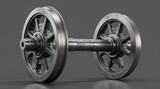 Detailed metal industrial wheels with axle assembly on grey studio background, showcasing precision engineering.
