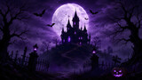 Spooky haunted castle on hill under glowing purple full moon with flying bats and jack o lantern. Halloween night scene with cemetery gate background. Ideal for scary party invitations.