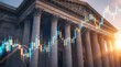 © Stocker - Financial stock market graph with candlesticks overlaid on grand neoclassical building pillars reflecting rising economy and investment growth opportunities.