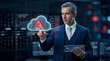 © Toqeer - IT professional inspects a glowing cloud security alert hologram inside a data center facility.