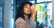 © peopleimages.com - Sticky notes, glass wall and businesswoman in office with planning for creative project ideas. Board, writing and magazine editor brainstorming with research for article at startup workplace.