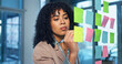 © peopleimages.com - Sticky notes, writing and businesswoman in office with research for creative project ideas. Planning, glass wall and magazine editor brainstorming with agenda for article at startup workplace.