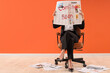 © Pixel-Shot - Businesswoman reading a fashion newspaper with 'coming soon' text, marketing and announcement concept, against an orange background