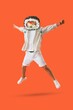© Pixel-Shot - Man with sushi roll head jumping in air, food and lifestyle concept, healthy eating and joy, isolated on orange background