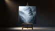 © wilson - Wooden easel holding finished oil painting of misty blue mountain forest landscape under focused spotlight on dark background shows art exhibition and creation concept