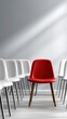 © Daria - Single red chair standing out boldly among rows of identical white chairs in minimalist modern room with soft natural light and sleek design elements