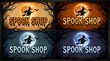 © MST.ANTOR MONI AKTER - Halloween spook shop sign set with witch on broomstick, full moon, and spooky trees in four different color variations