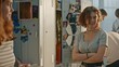 © Framestock - Teenage Boy In Shirt Talks With Female Classmate Near Metal School Lockers During Break. After Boy Leaves, Girl Discusses Crush And Relationship With Friend. Teen Attraction, Adolescent Emotions.