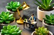 © Lubov - Tiny male figurine works on laptop at small desk under golden lamp light. Miniature man types on computer keyboard among potted succulent plants. Creative desktop setup with green cacti in pots.