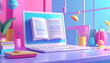 © lita - open laptop displaying an open book, colorful desk with books, plants, and stationery, vibrant pastel colors, digital learning or remote work setup