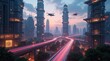 © angelica - futuristic city landscape with flying vehicles and glowing high speed highways at sunset