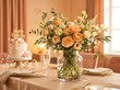 © VectSpeare - Beautiful orange and yellow flower bouquet in a glass vase on a dining room table setting