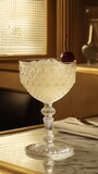Crystal glass cocktail with ice and cherry garnish on marble table.