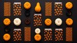 © ColorWaveStudio - Halloween party supplies flat lay with mini pumpkins, patterned treat bags and striped paper straws on black background, festive seasonal arrangement with copy space