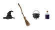 © Aftab - A collection of magical witch items including a pointed hat a wooden broomstick a black iron cauldron and a purple potion bottle