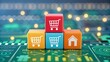 © Sabina - Colorful cubes with shopping cart and house icons on a digital technology background representing online business