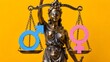 © Kathy Mathews - Gender equality concept with balanced scales, female and male symbols and golden justice statue, representing equality, rights, diversity and inclusion
