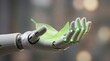 © Luxaa - A white robotic hand with glowing green accents gently holding a delicate, translucent green leaf.