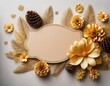 © Juana - floral frame with beige label featuring golden flowers and pine cones on a light background