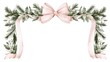 © PixelPulse Creative - Watercolor christmas garland with pine branches, holly leaves, and a soft pink ribbon bow isolated on white background