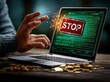 © The Little Hut - Cybersecurity concept: Person stopping digital intrusion with a stop sign overlay on a laptop screen, symbolizing data protection and financial security.