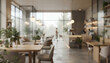 © Kristian - A fully blurred modern café interior with warm wood, soft daylight, elegant furniture, glowing pendant lights, muted greenery, and cinematic, designed for premium desktop wallpaper.