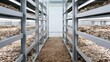 © Bussakon - Rows of metal shelves filled with mushroom growing substrate under bright lighting in a controlled indoor cultivation facility