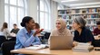 © Ievgeniia - Three women study and chat at a table with laptop, open notebook, and stacked books in a bright library reading room with shelves and arched windows
