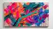 © Masud - Vibrant abstract expressionist painting with bold neon colors and dynamic textured brushstrokes on a gallery wall