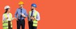 © Pixel-Shot - Three smiling construction engineers in hard hats and safety vests discussing plans with coffee on an orange background, One engineer holds rolled blueprints, another carries coffee cups