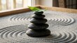 © Valeriia - Balanced stack of black basalt zen stones with green bamboo leaf on top resting on raked sand in peaceful zen garden setting.