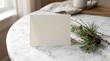 © Farooq - Blank white greeting card placed on marble table with evergreen pine branch greeting stationery evergreen invitation christmas minimalist template