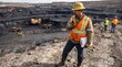 © Muhammad - Supervisor in safety gear using radio to monitor operations at a large open-pit coal mine with heavy excavators and industrial equipment
