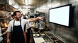 © Ethan - Angry male chef shouting and pointing at blank monitor in restaurant kitchen